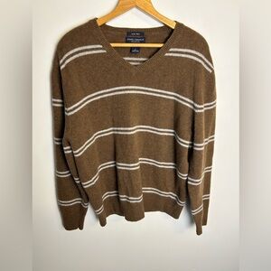 Daniel Cremieux L Brown White V-Neck Sweater 100% Lambs Wool Striped Academia